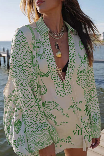 Graffiti Print Tassel Contrast V Neck Long Sleeve Two Pieces