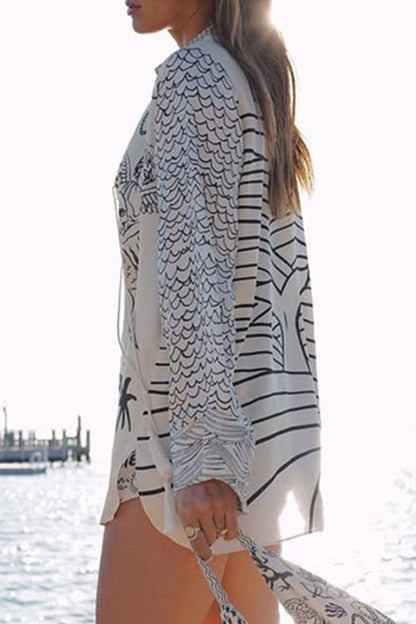Graffiti Print Tassel Contrast V Neck Long Sleeve Two Pieces
