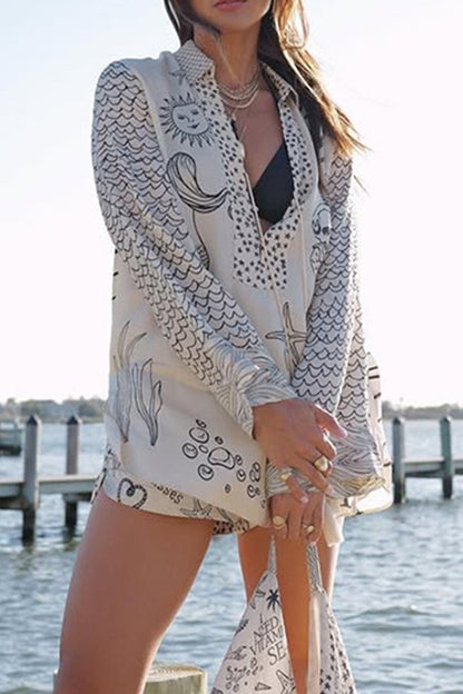 Graffiti Print Tassel Contrast V Neck Long Sleeve Two Pieces