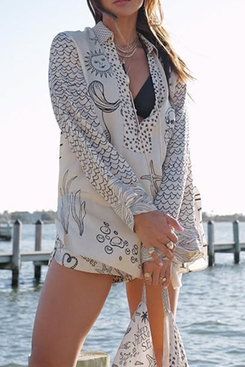 Graffiti Print Tassel Contrast V Neck Long Sleeve Two Pieces