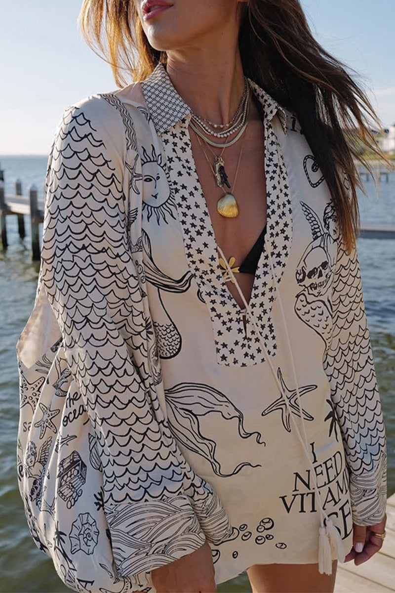 Graffiti Print Tassel Contrast V Neck Long Sleeve Two Pieces
