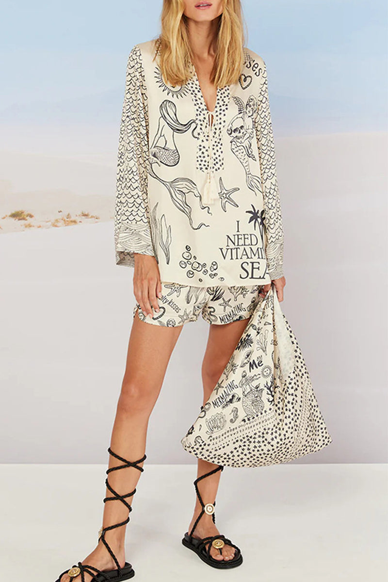 Graffiti Print Tassel Contrast V Neck Long Sleeve Two Pieces
