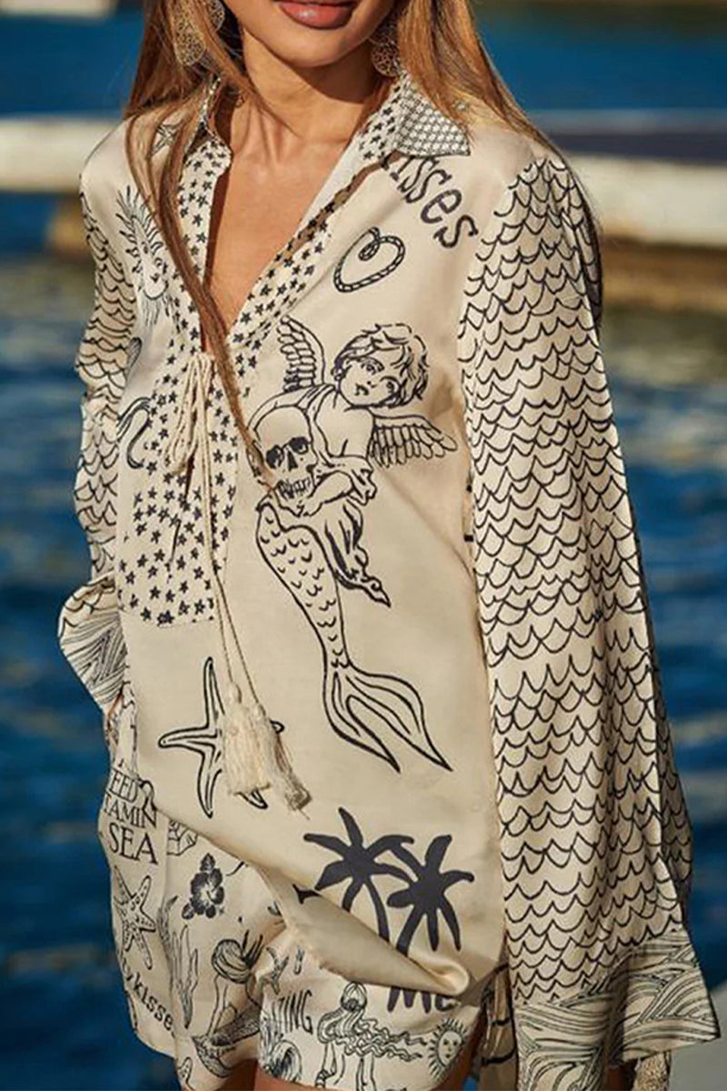 Graffiti Print Tassel Contrast V Neck Long Sleeve Two Pieces