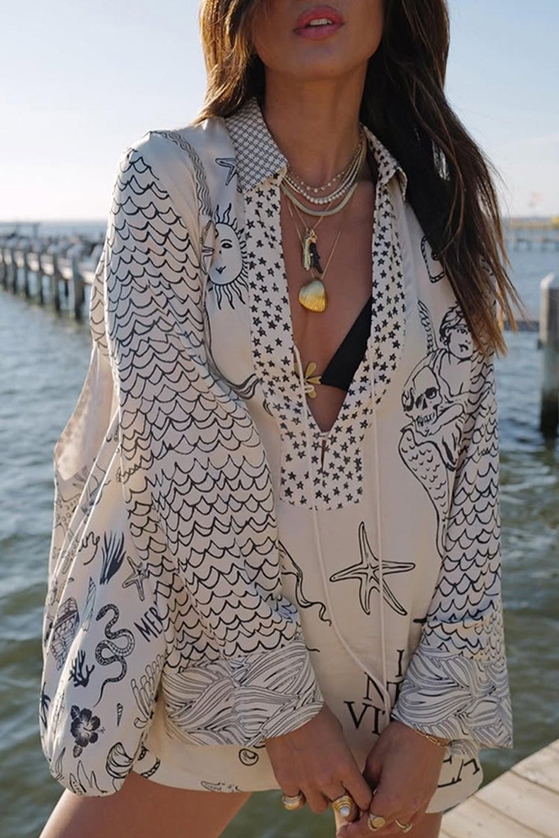 Graffiti Print Tassel Contrast V Neck Long Sleeve Two Pieces