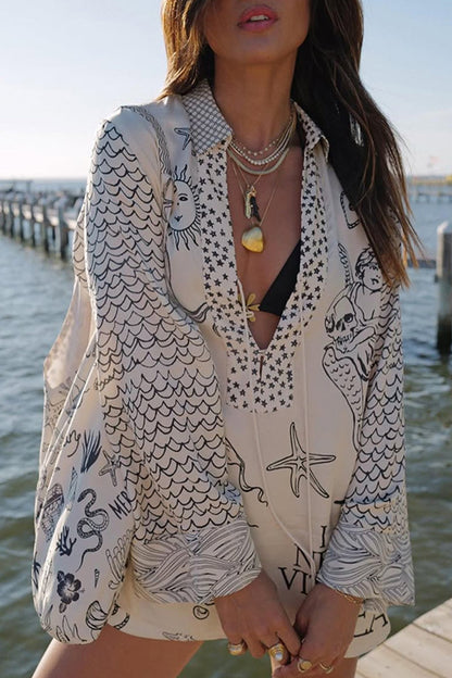 Graffiti Print Tassel Contrast V Neck Long Sleeve Two Pieces