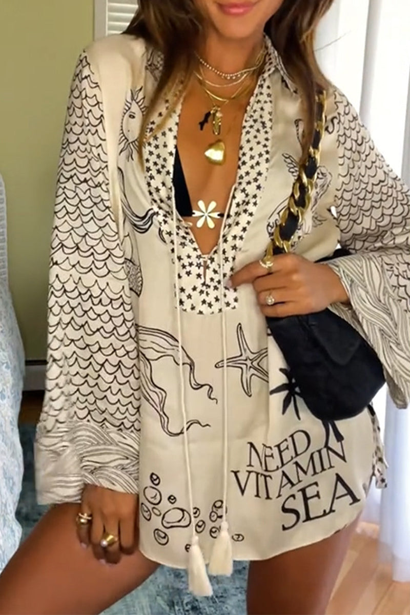 Graffiti Print Tassel Contrast V Neck Long Sleeve Two Pieces