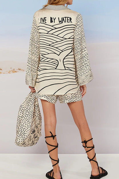 Graffiti Print Tassel Contrast V Neck Long Sleeve Two Pieces
