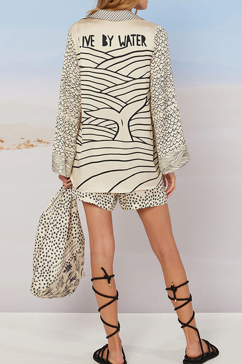 Graffiti Print Tassel Contrast V Neck Long Sleeve Two Pieces