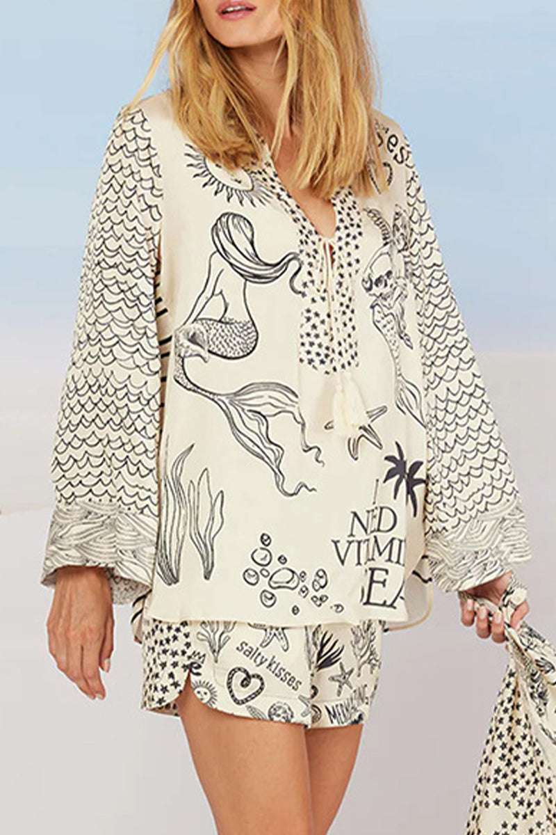 Graffiti Print Tassel Contrast V Neck Long Sleeve Two Pieces