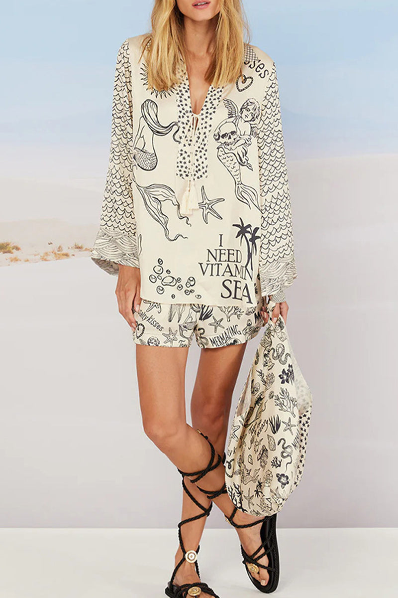 Graffiti Print Tassel Contrast V Neck Long Sleeve Two Pieces