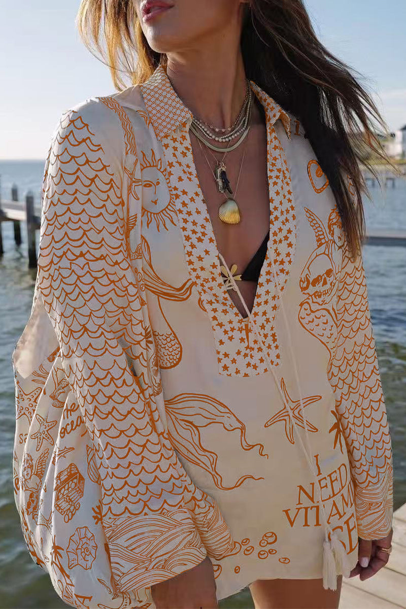 Graffiti Print Tassel Contrast V Neck Long Sleeve Two Pieces