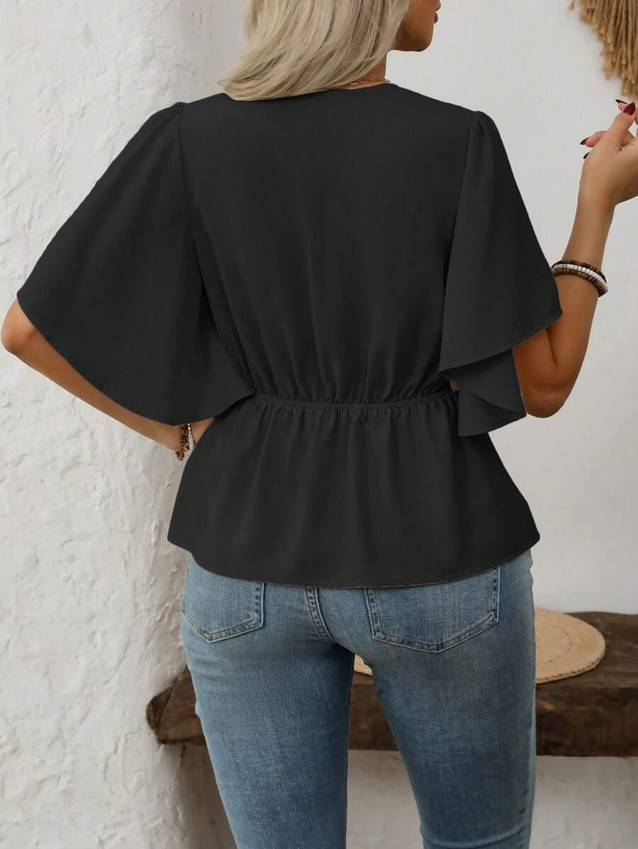 V Neck Button Front Blouse Flared Sleeves