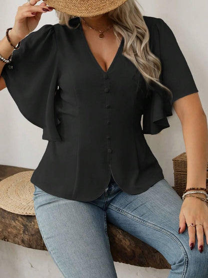 V Neck Button Front Blouse Flared Sleeves