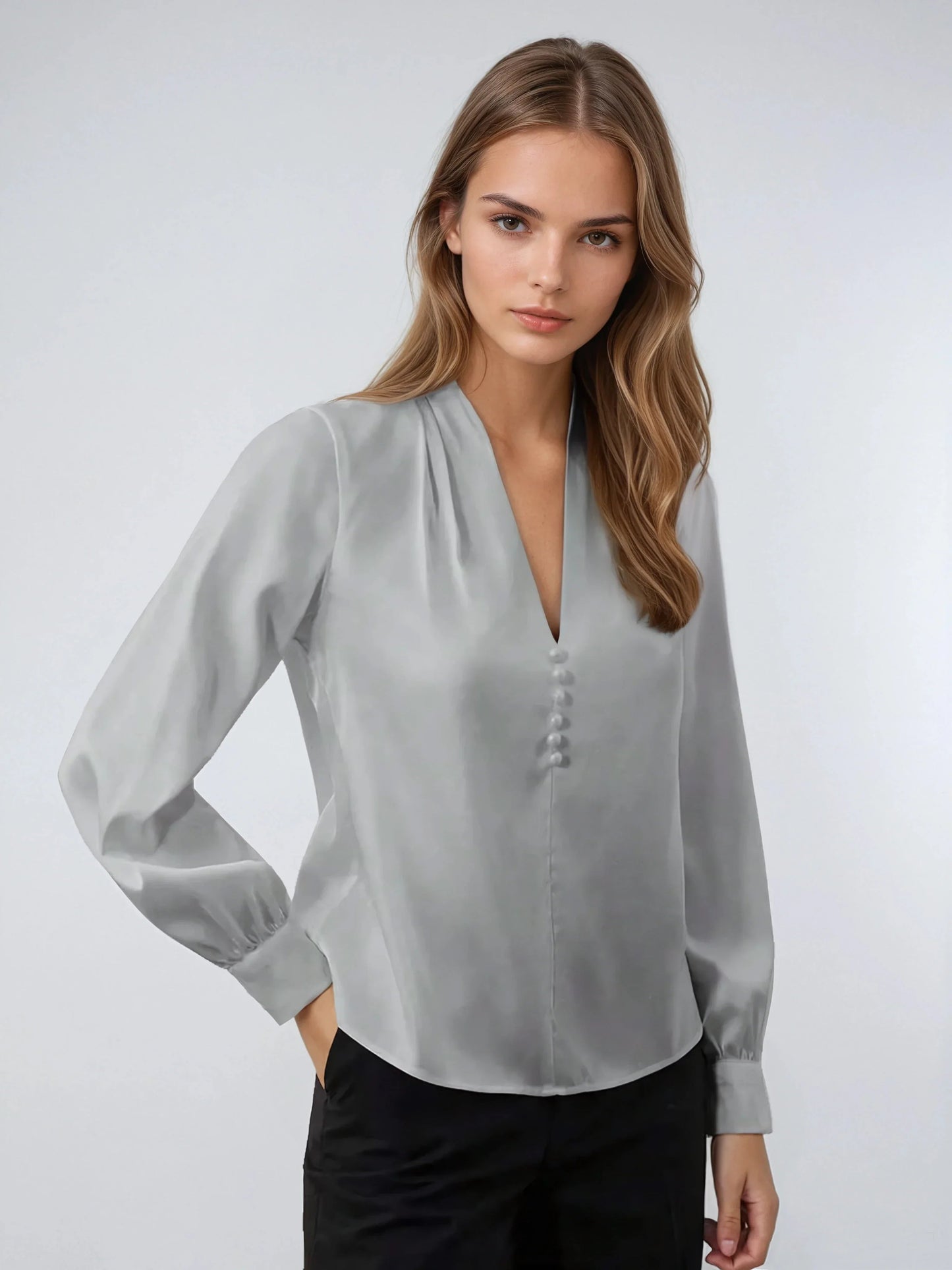 Deep V Neck Satin Long Sleeve Blouse for Business Elegance