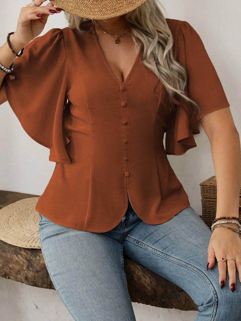 V Neck Button Front Blouse Flared Sleeves