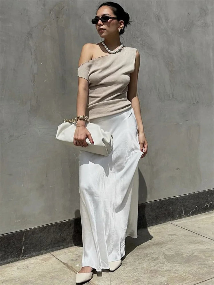 Off-shoulder T-shirt Summer Ribbed Sleeveless Clothes Female High Waist Tee Top