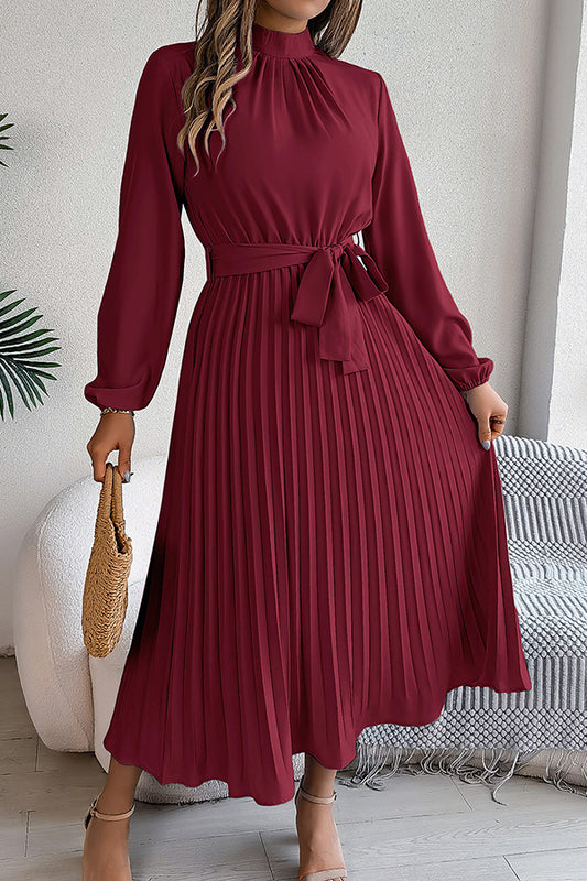 Stand-collar Long-sleeve Waisted Tie-up Pleated Midi Dress