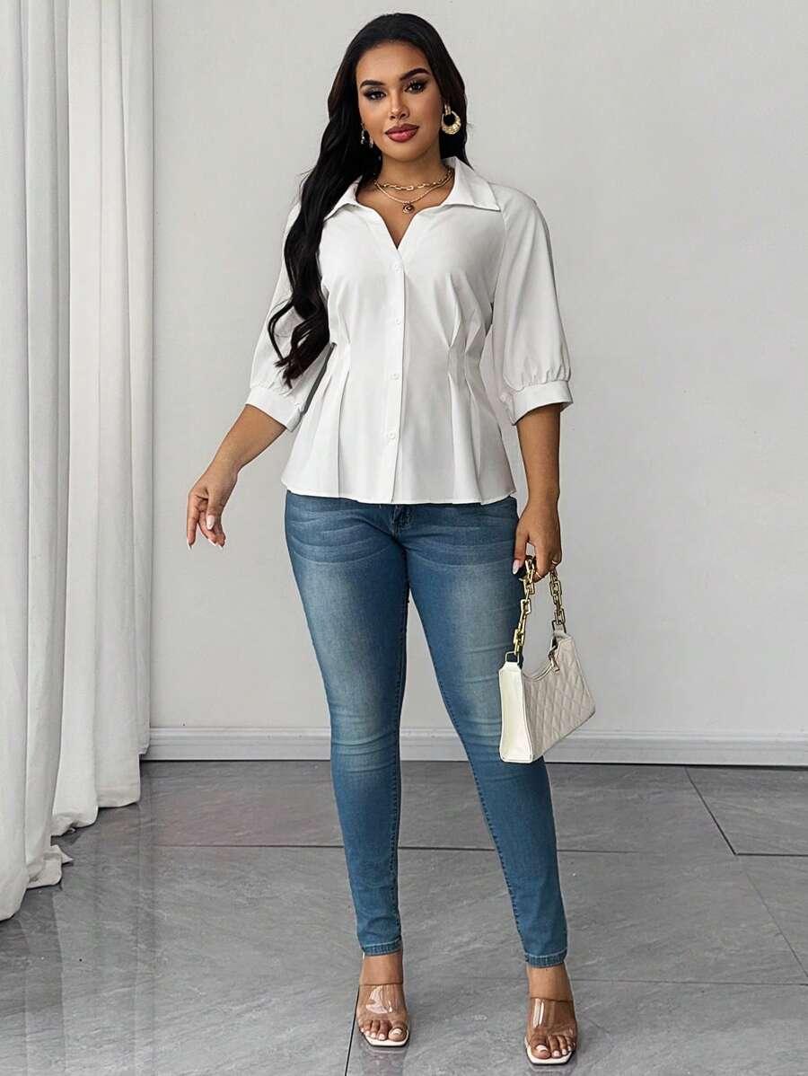 Collared Blouse With Ruched Waist Fit