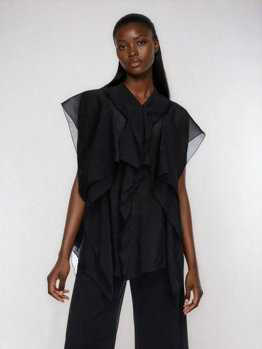 Ruffle Trim Mesh Patchwork Blouse Button Front