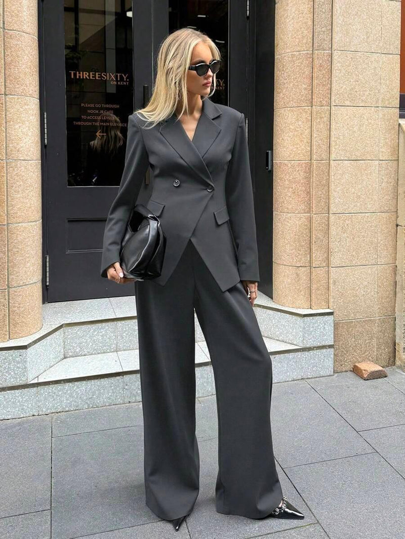 Notched Collar Jacket and Pants Office Suit Coffee Brown
