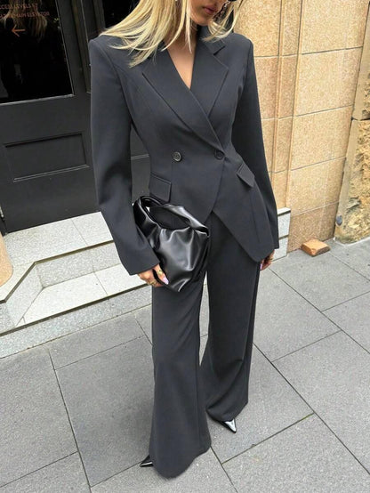 Notched Collar Jacket and Pants Office Suit Coffee Brown