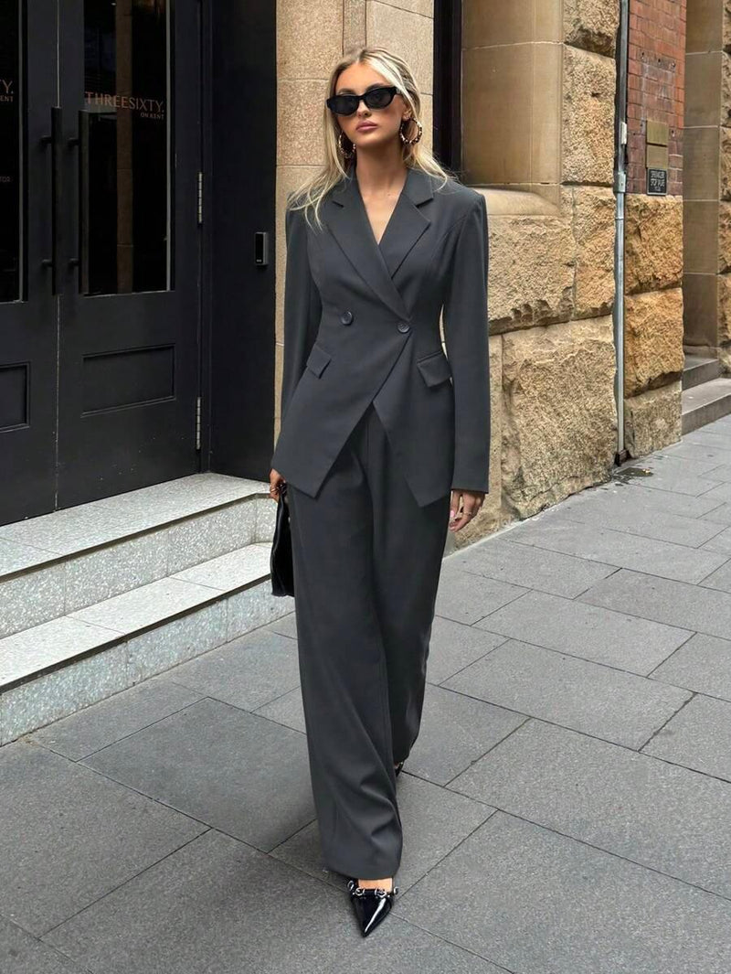 Notched Collar Jacket and Pants Office Suit Coffee Brown