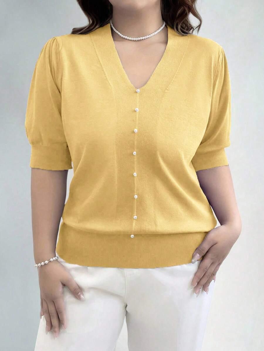 V Neck Puff Sleeve Knit Pullover Sweater