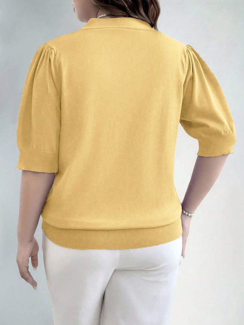 V Neck Puff Sleeve Knit Pullover Sweater