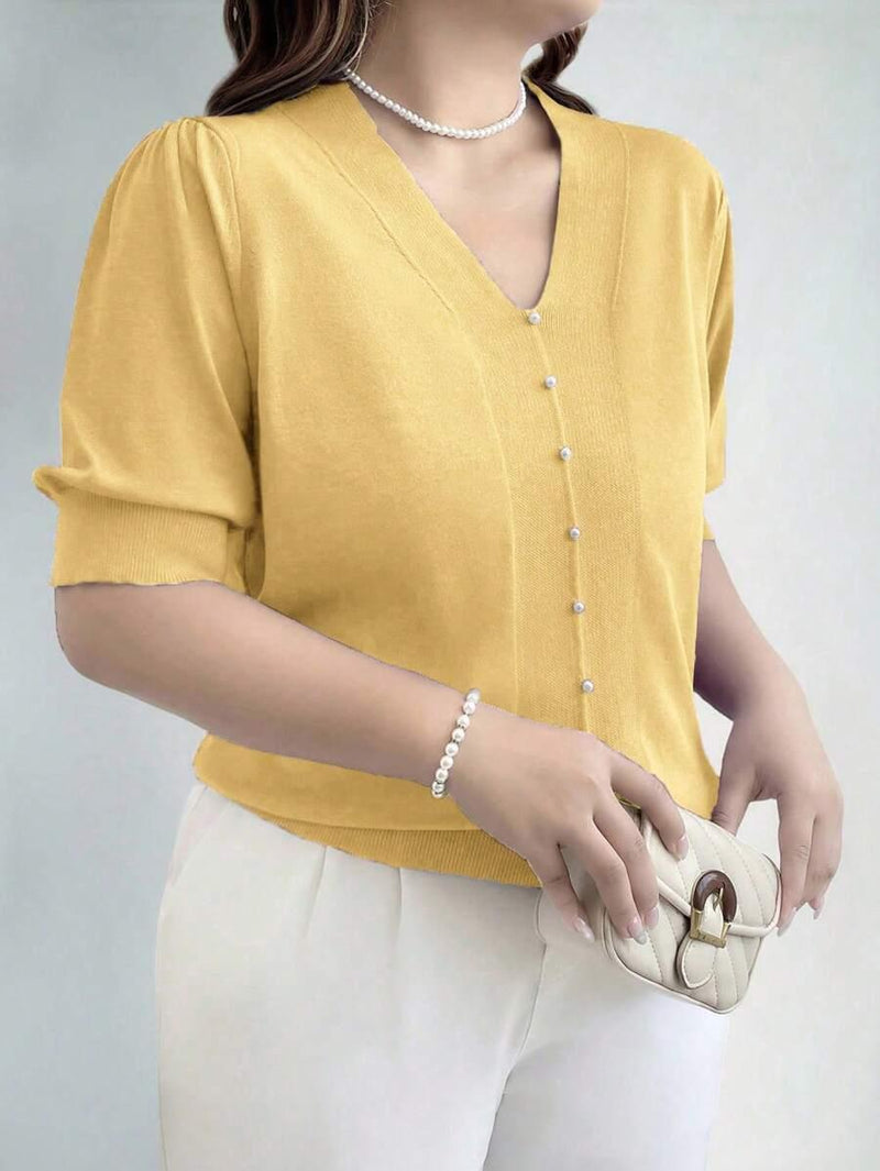 V Neck Puff Sleeve Knit Pullover Sweater