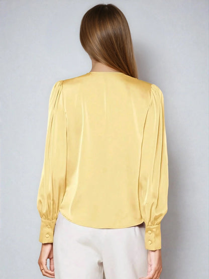 Satin V Neck Bubble Sleeve Blouse for Style