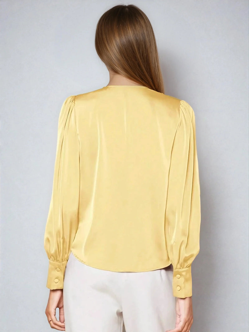 Satin V Neck Bubble Sleeve Blouse for Style
