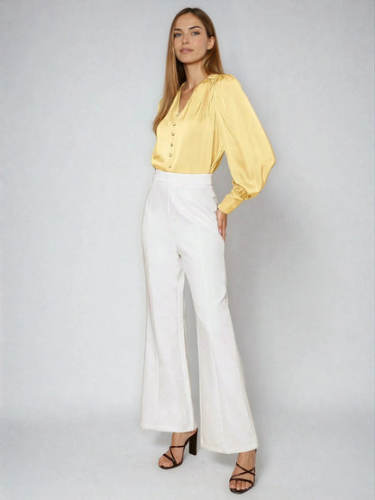 Satin V Neck Bubble Sleeve Blouse for Style