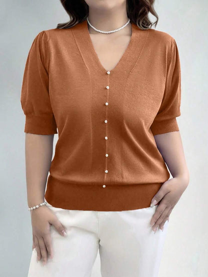 V Neck Puff Sleeve Knit Pullover Sweater
