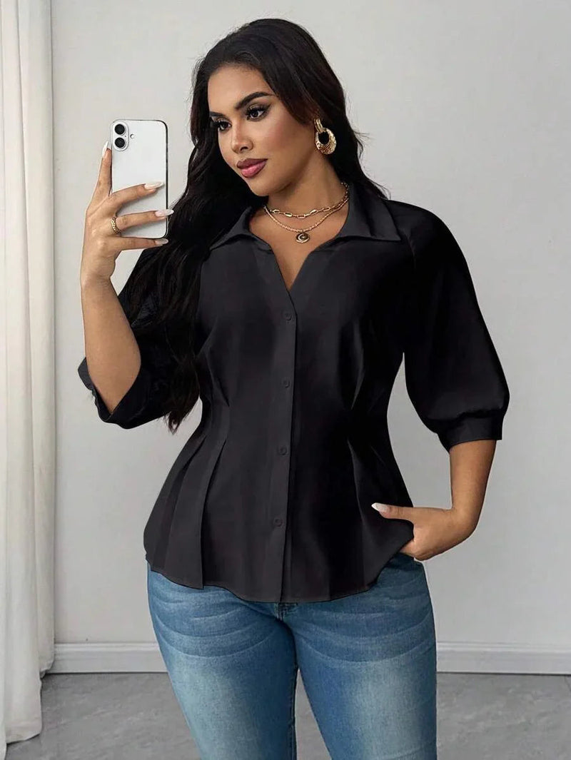 Collared Blouse With Ruched Waist Fit