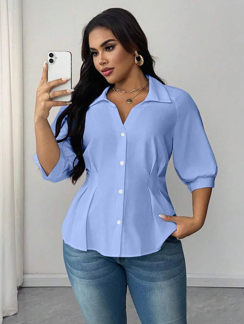 Collared Blouse With Ruched Waist Fit