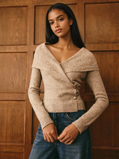 Off Shoulder Cardigan Sweater Wrap With Gold Buttons