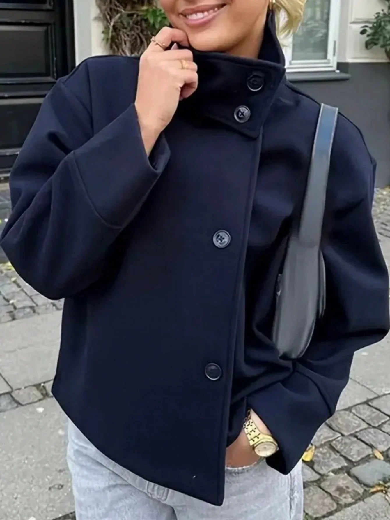 Wool Blend Coat With Front Buttons Loose Fit