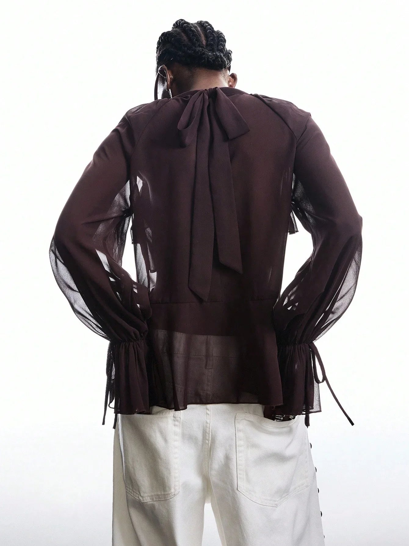Brown Ruffle Sleeve Tie Neck Blouse Flare Top