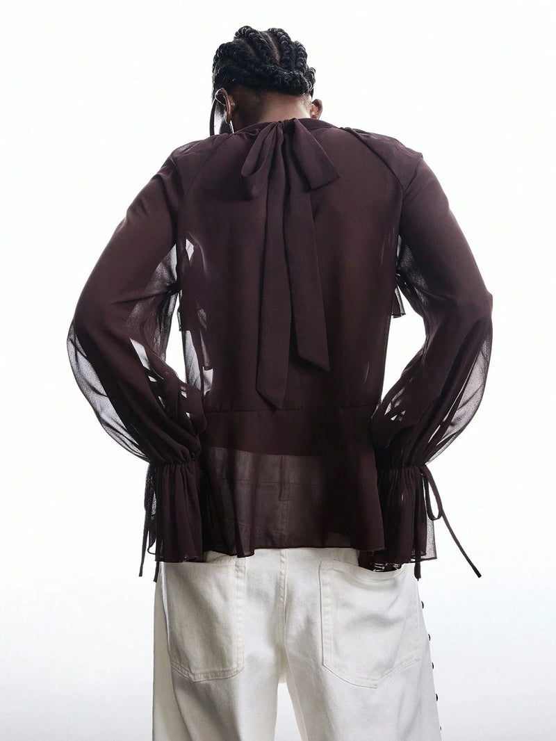 Brown Ruffle Sleeve Tie Neck Blouse Flare Top