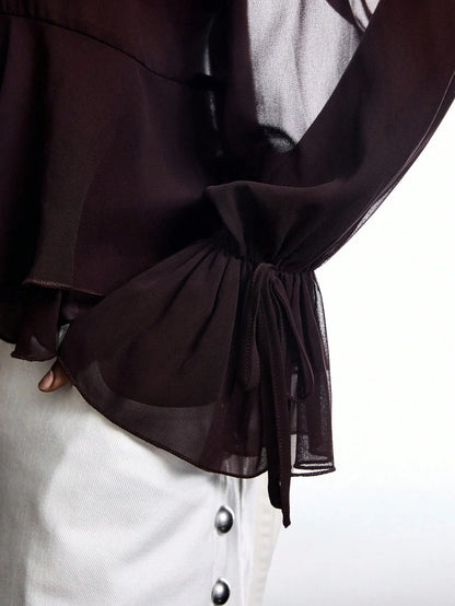 Brown Ruffle Sleeve Tie Neck Blouse Flare Top
