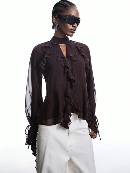 Brown Ruffle Sleeve Tie Neck Blouse Flare Top