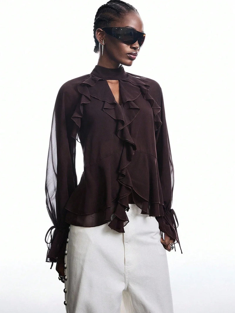 Brown Ruffle Sleeve Tie Neck Blouse Flare Top