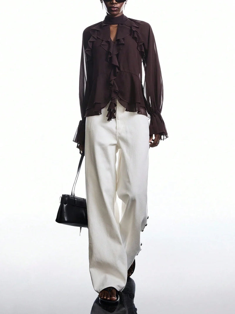 Brown Ruffle Sleeve Tie Neck Blouse Flare Top
