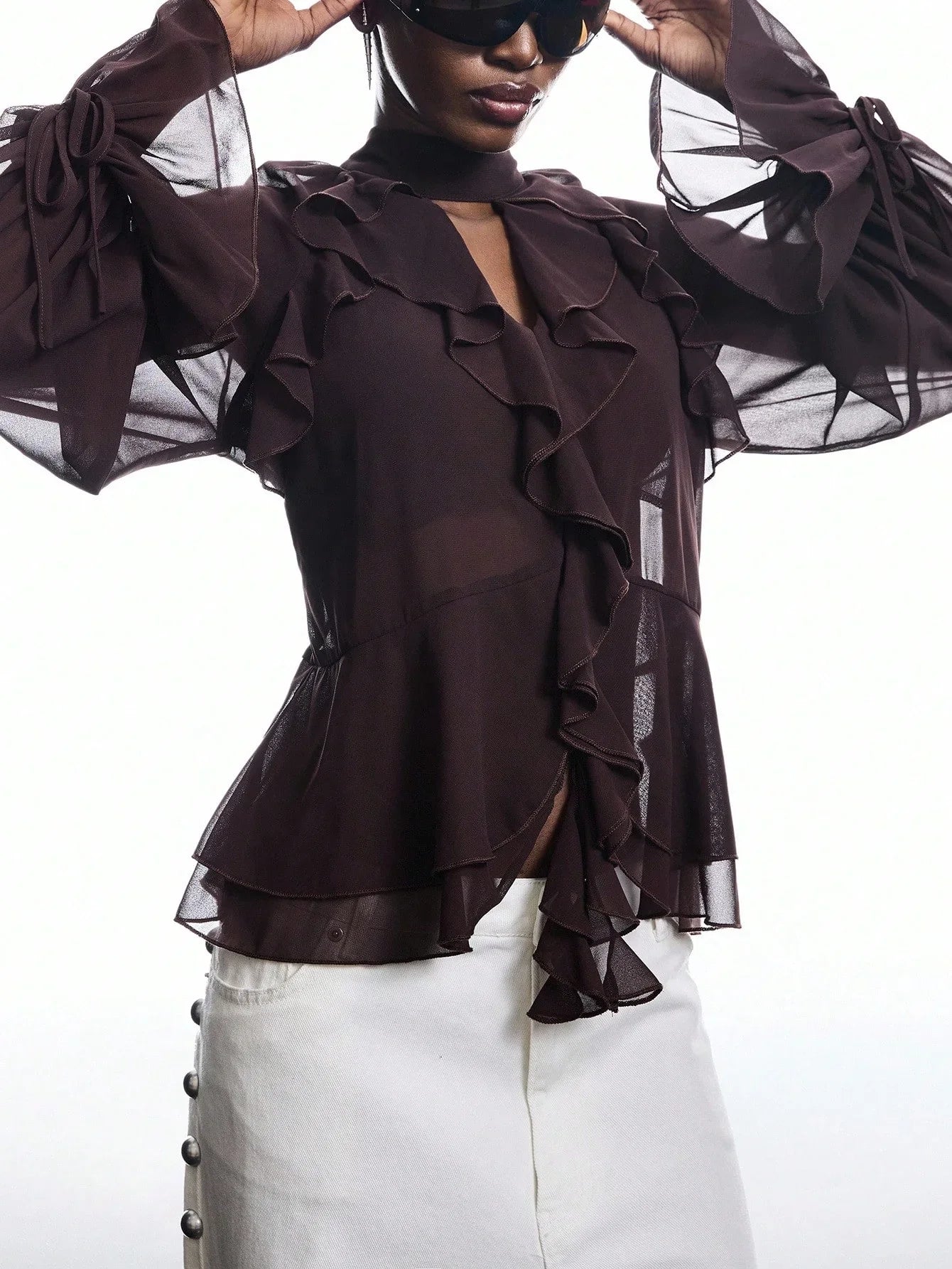 Brown Ruffle Sleeve Tie Neck Blouse Flare Top