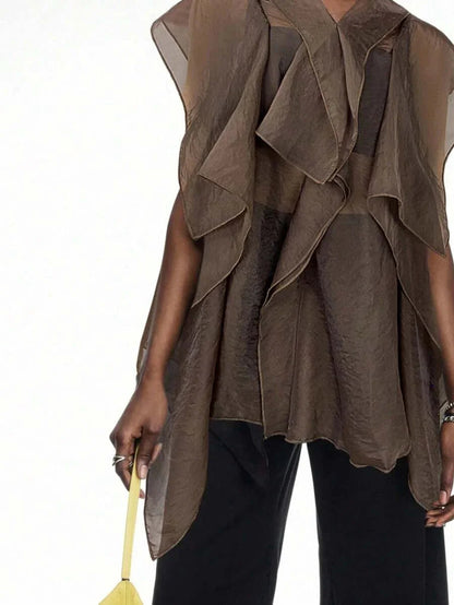 Ruffle Trim Mesh Patchwork Blouse Button Front
