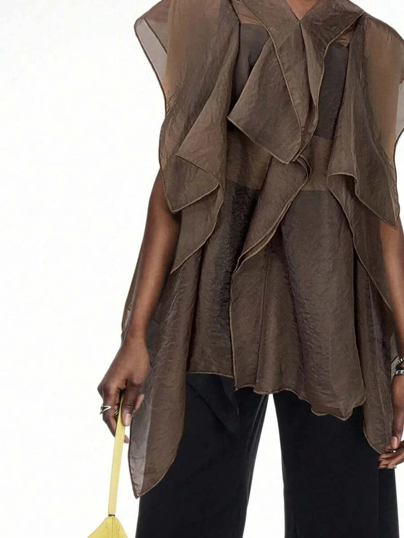 Ruffle Trim Mesh Patchwork Blouse Button Front