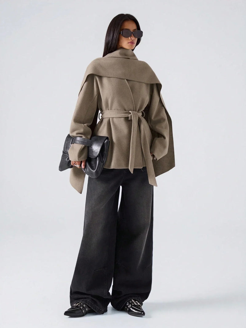 Minimalist Fall Overcoat With Waist Tie Scarf Design