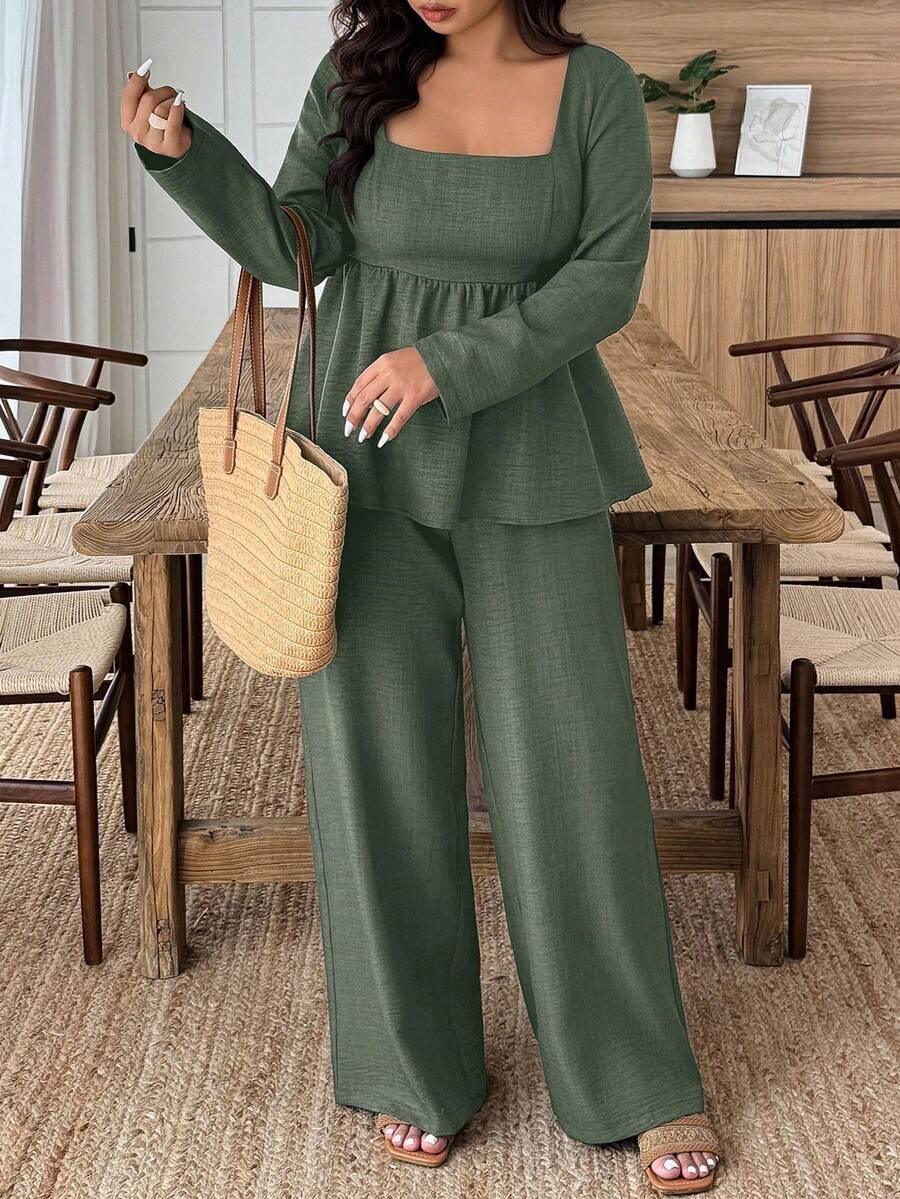 Army Green Square Neck Two Piece Set Comfort