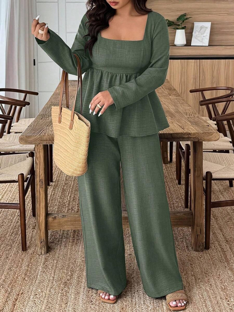 Army Green Square Neck Two Piece Set Comfort