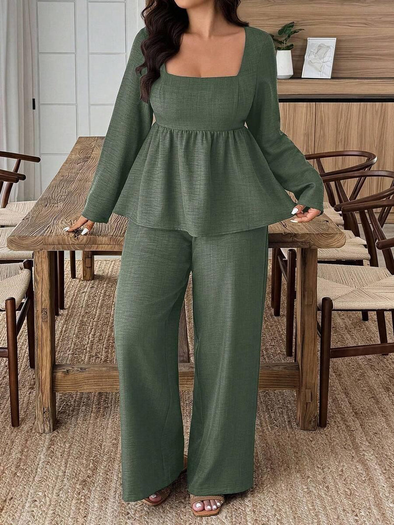 Army Green Square Neck Two Piece Set Comfort